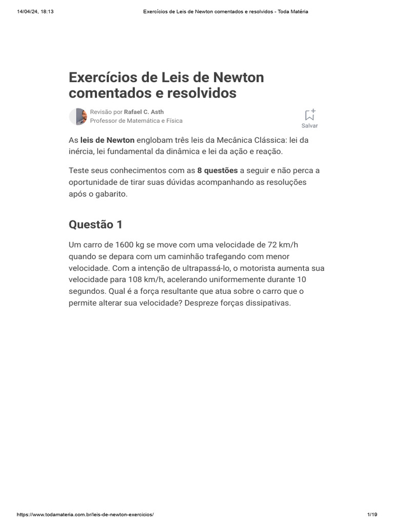 Exercícios Resolvidos sobre Leis de Newton | PDF | Leis do Movimento de ...