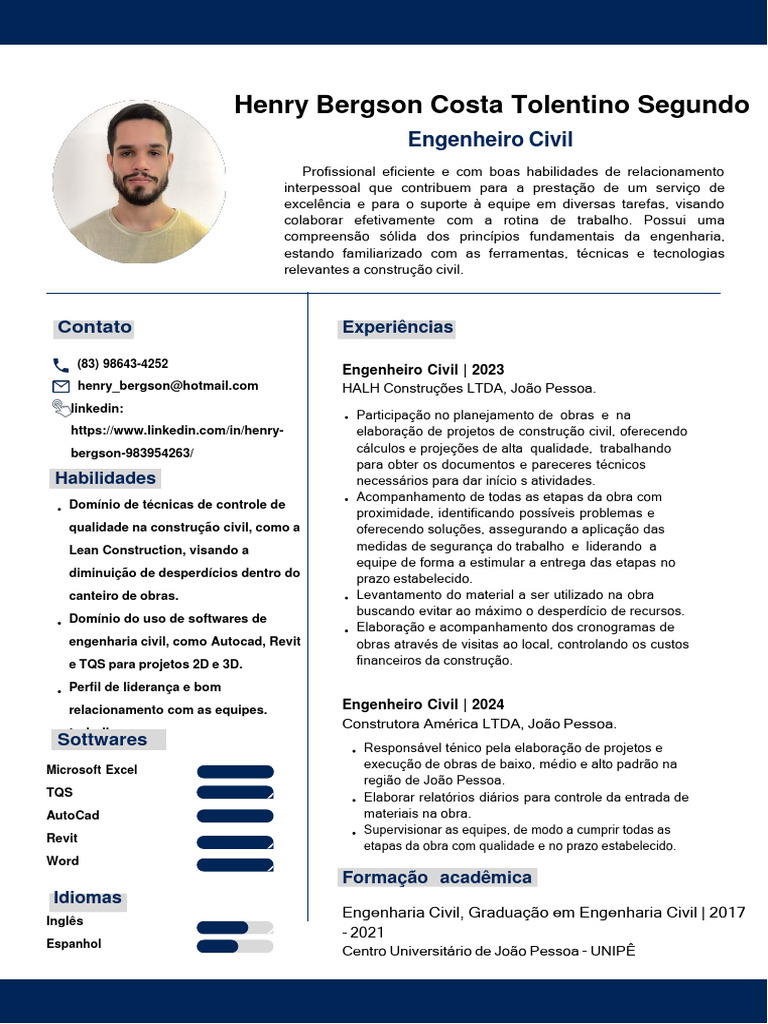 Currículo de Engenheiro Civil Henry Tolentino | PDF | Engenharia Civil ...