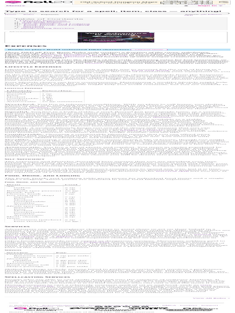 Expenses D&D 5th Edition on Roll20 Compendium PDF Cost Of Living