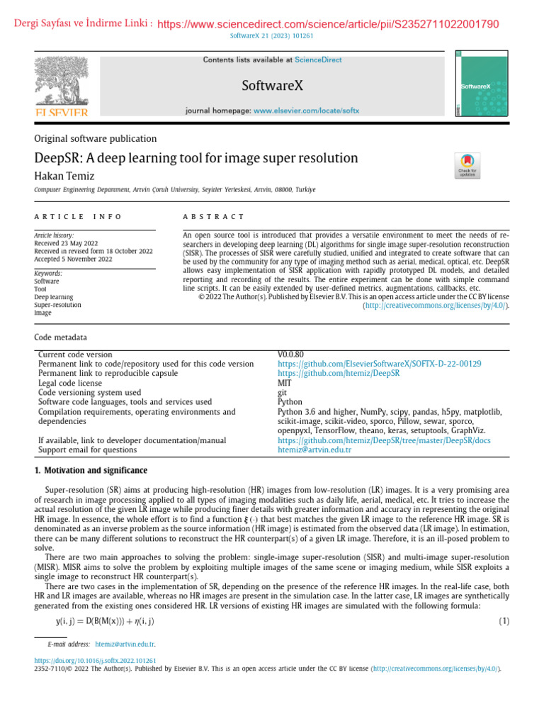 Deepsr a deep learning tool for image super resolution doi 10 1016j