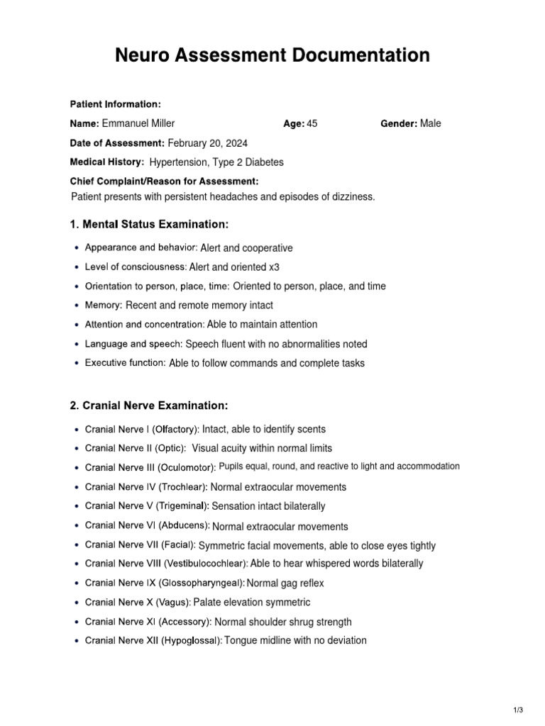 Neuro Assessment Documentation Sample | PDF | Senses | Neurology