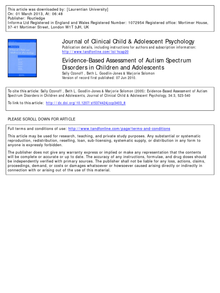 2005, Evidence-Based Assessment of Autism Spectrum Disorders in ...