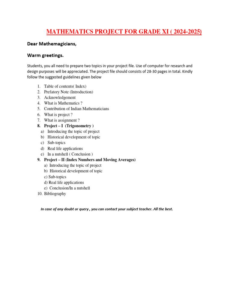 Grade 11 Mathematics Project Guidelines | PDF