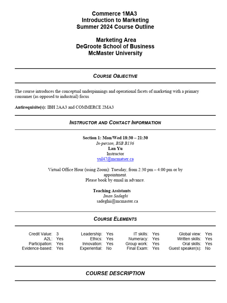 Summer 2024 Marketing Course Outline | PDF | Marketing | Turnitin