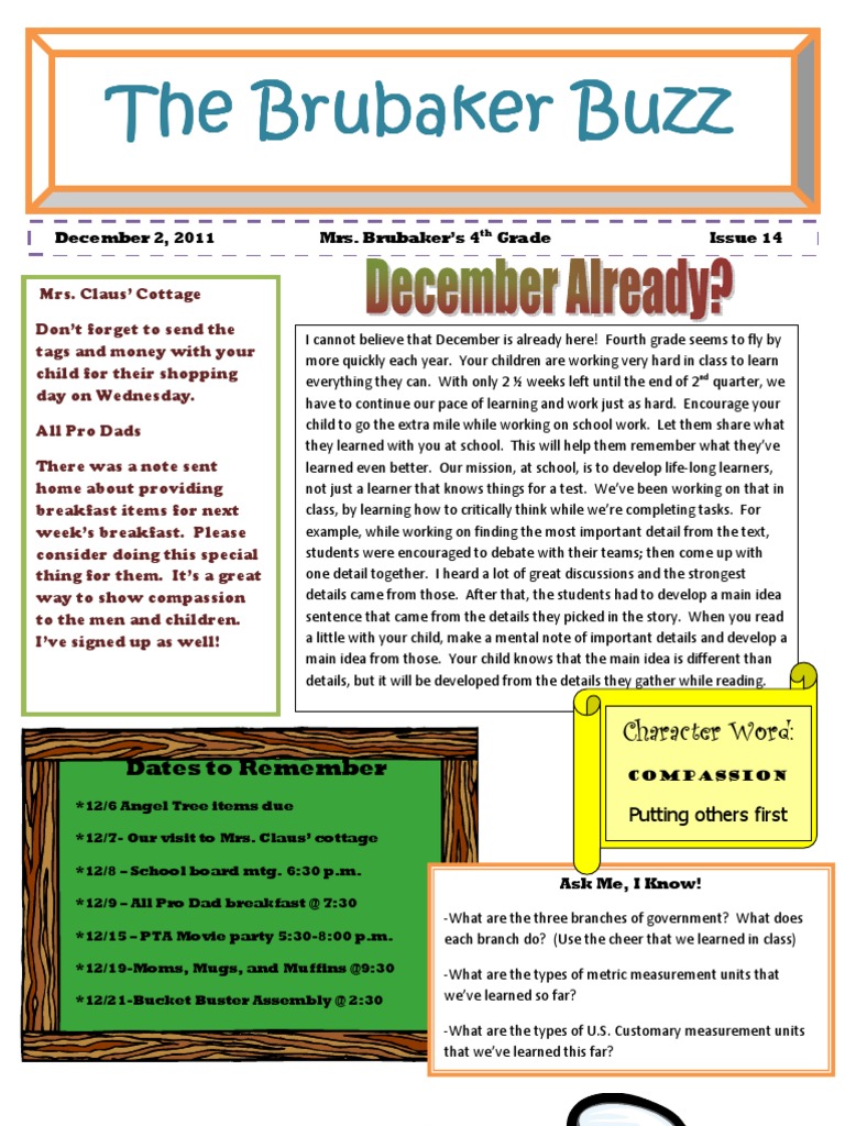 4th Grade Newsletter 12211 | PDF | Learning | Cognition