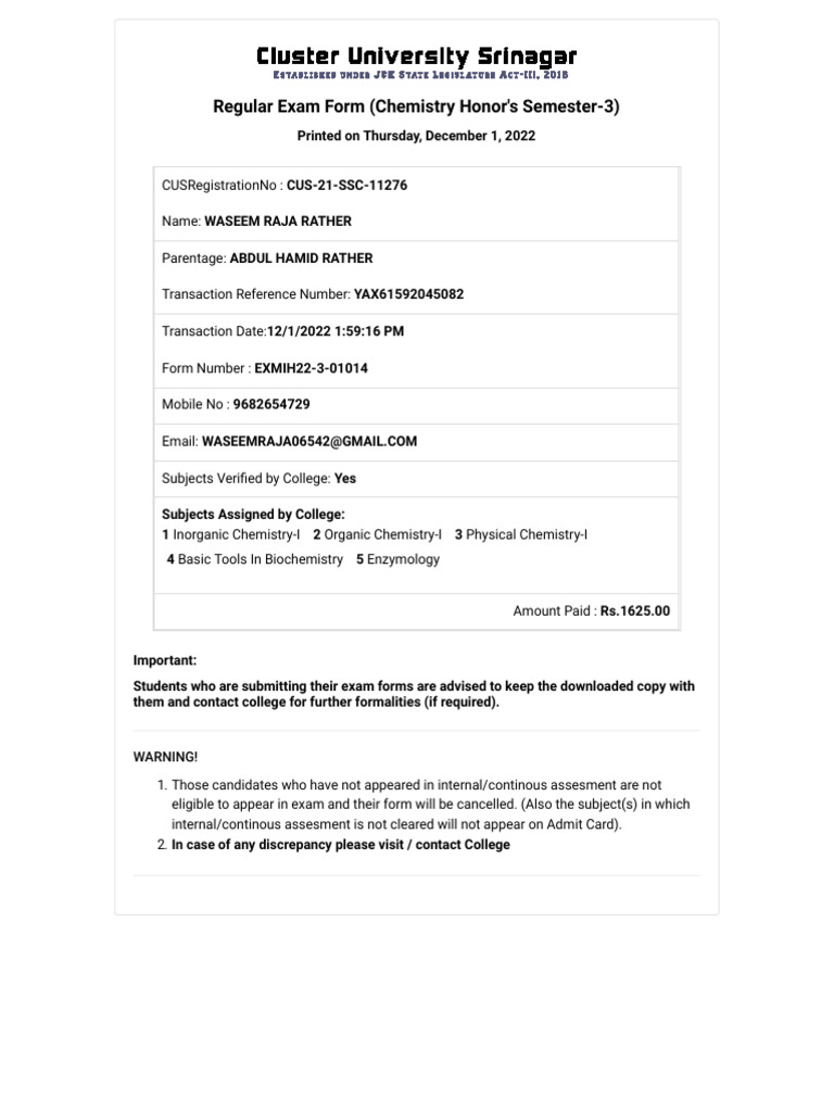 Examination Form - Waseem | PDF