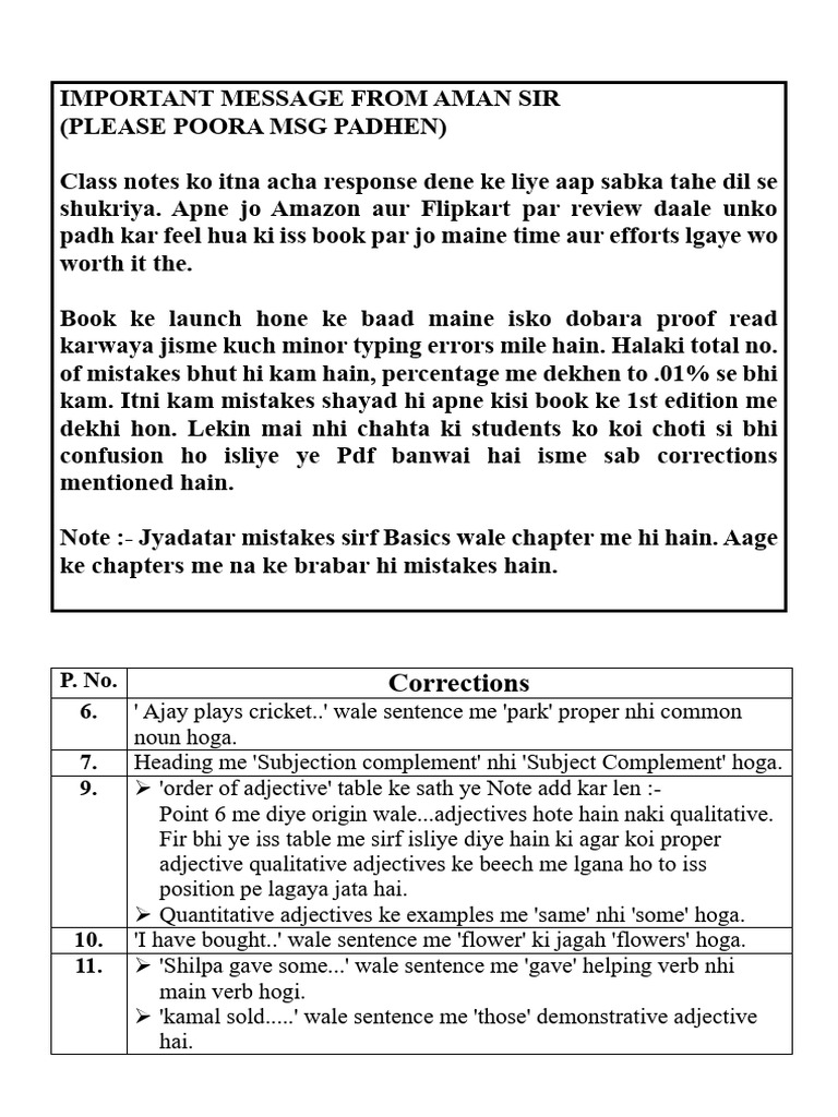 Aman Sir Class Notes Corrections | PDF | Verb | Noun