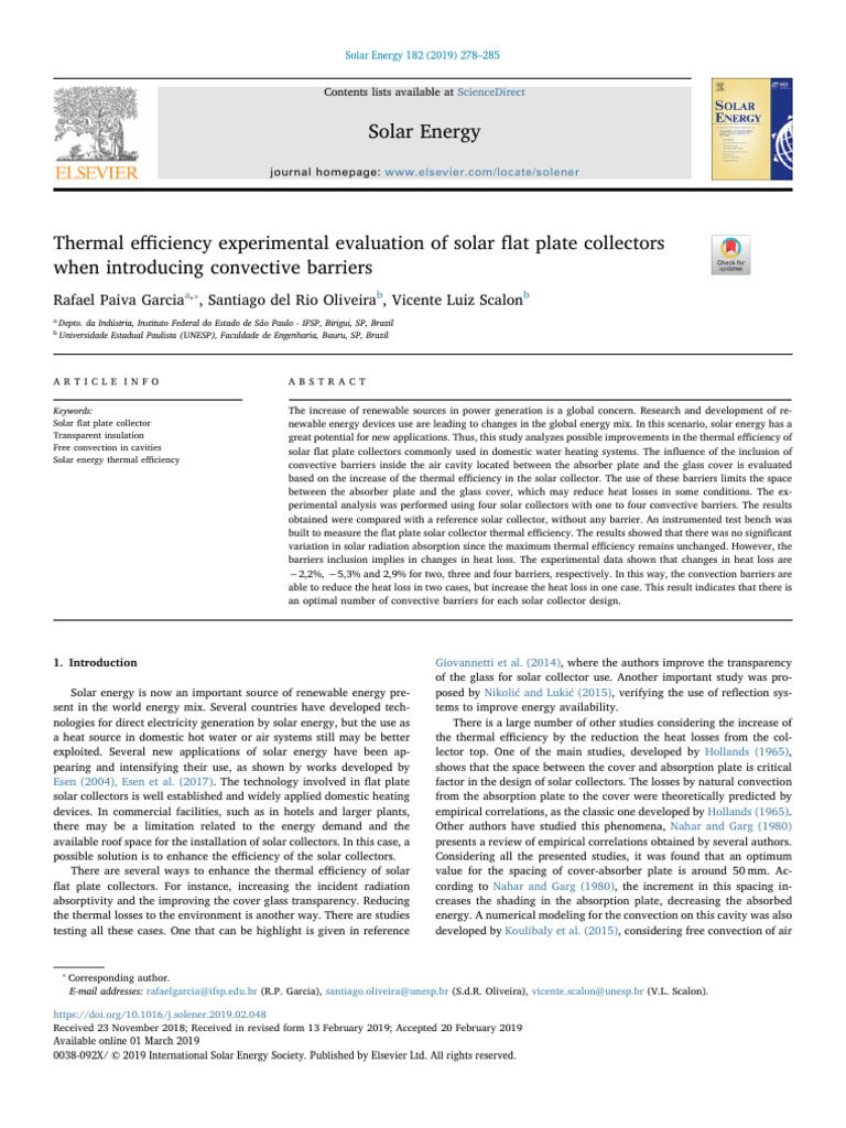 Thermal Efficiency Experimental Evaluation of Solar Flat Plate ...