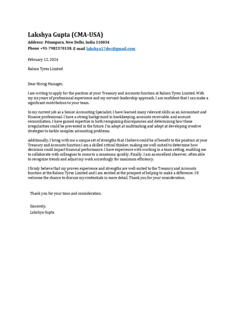 Application for Treasury Position at Ralson Tyres | PDF | Accounting ...
