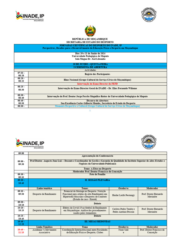 Programa Das I Jornadas Científicas Do Desporto Do INADE | PDF