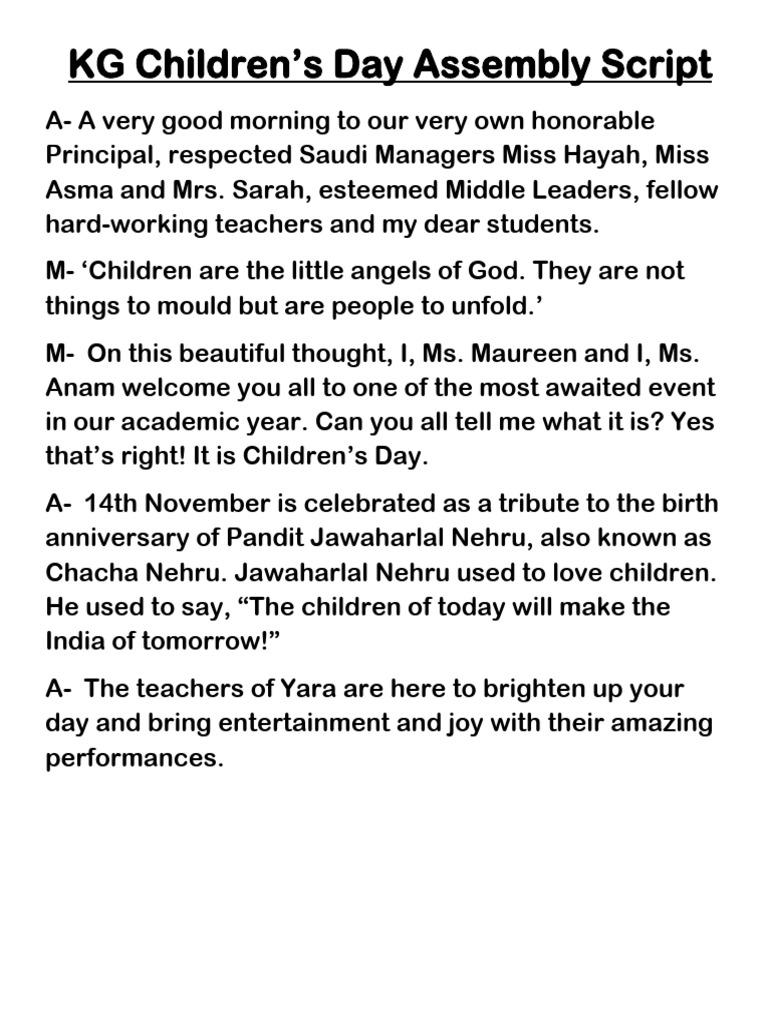 KG Children's Day Assembly Script | PDF | Art