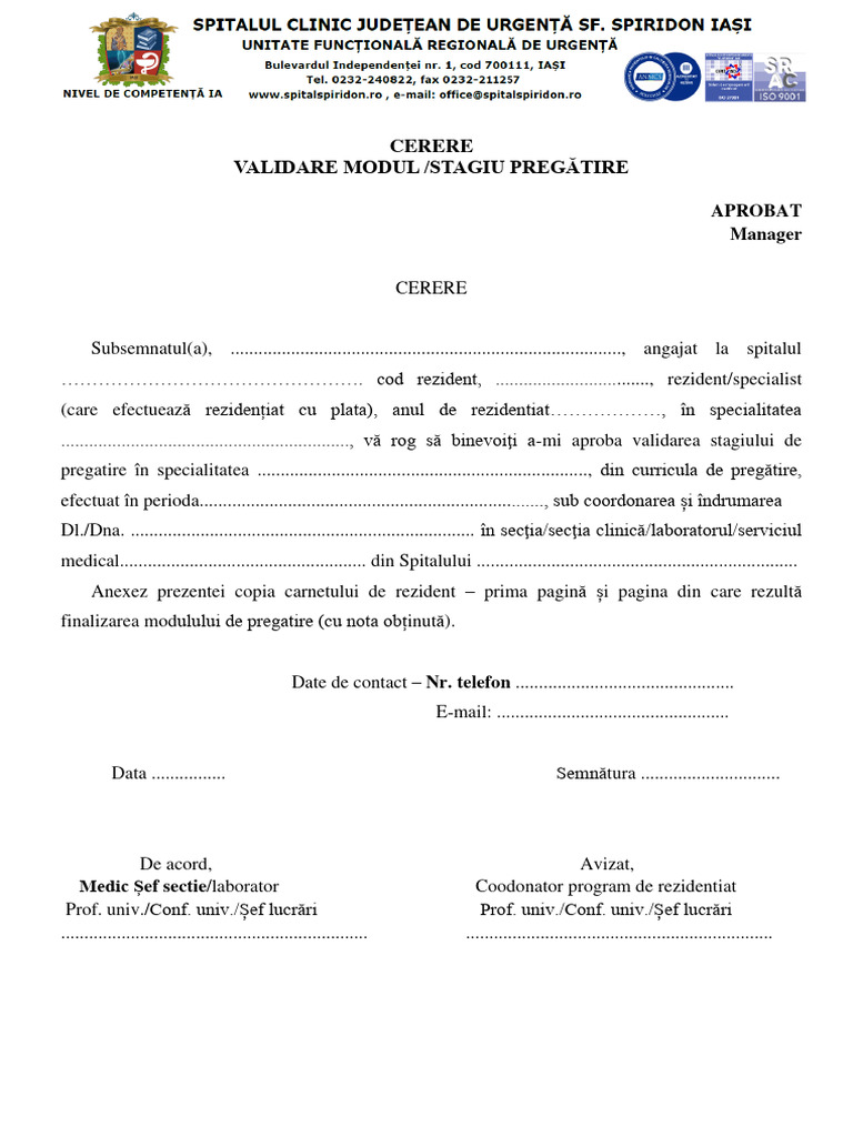 REZIDENTI - Cerere VALIDARE MODUL Sau STAGIU PREGĂTIRE | PDF
