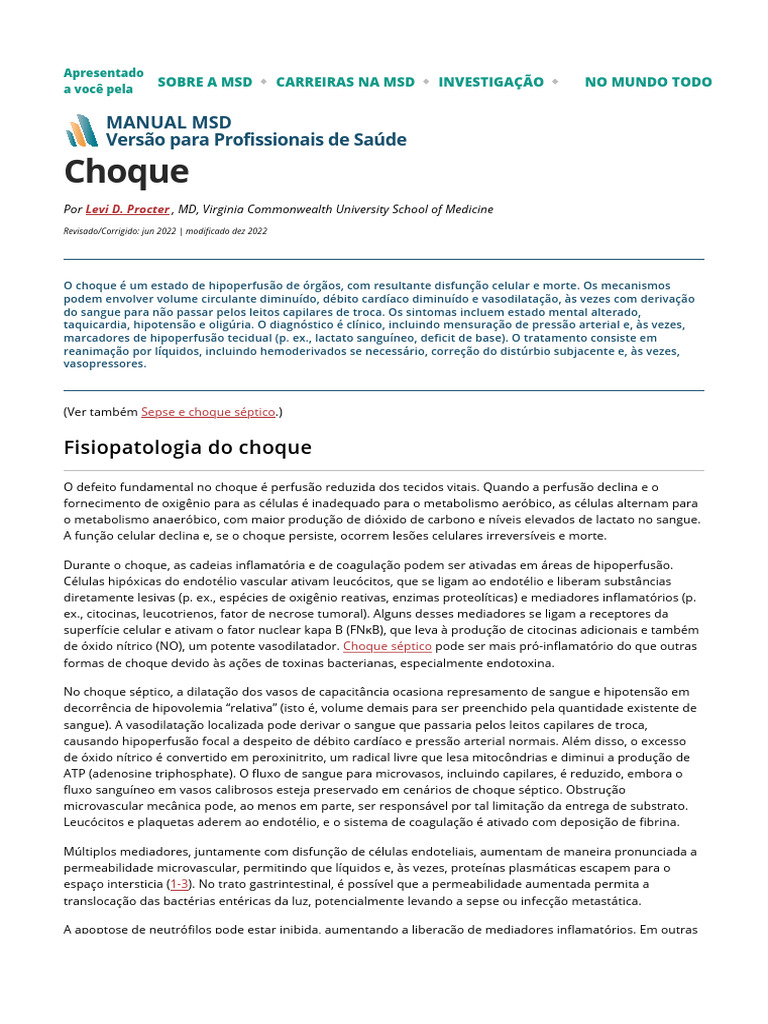 Fisiopatologia do Choque e Tratamento | PDF | Choque (circulatório ...