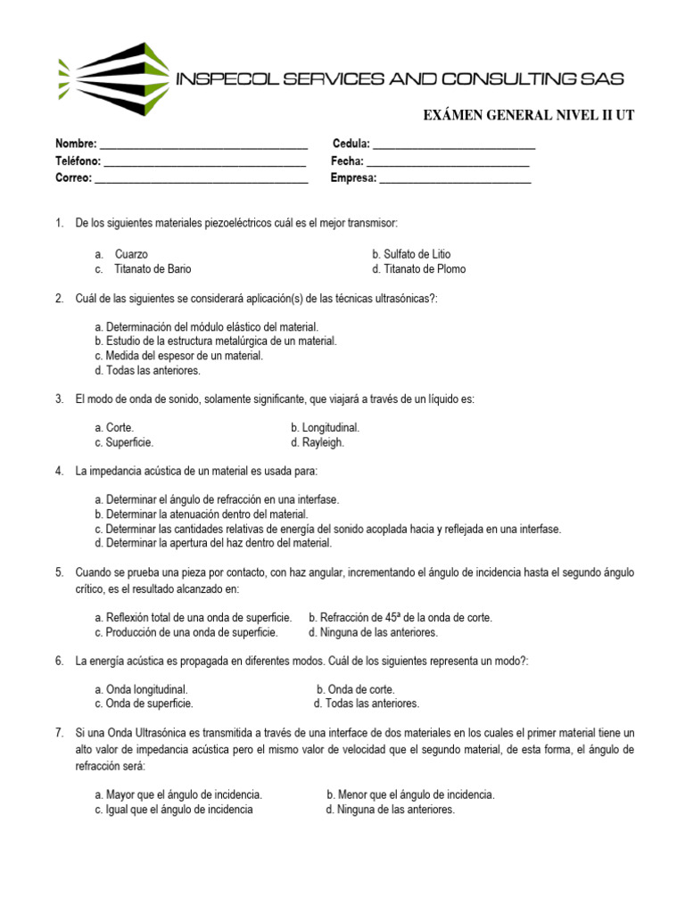 Examen UT Nivel II: Preguntas y Respuestas | PDF | Olas | Ultrasonido