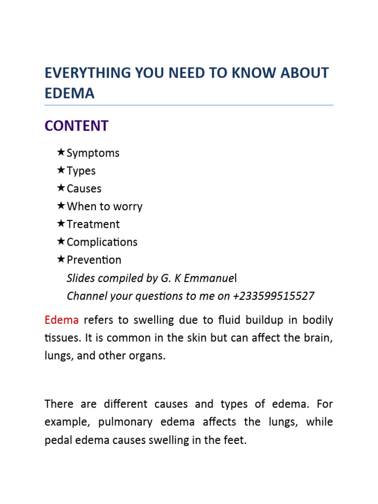 Edema Causes, Signs & Symptoms and Treatment | PDF | Edema | Vein
