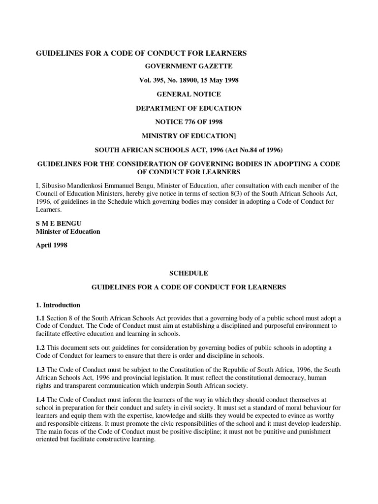 4 SASA Guidelines For Code of Conduct | PDF | Teachers | Learning