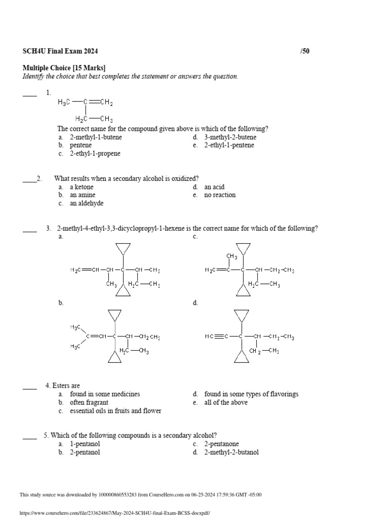 May 2024 sch4u final exam bcss pdf pdf chemical reactions