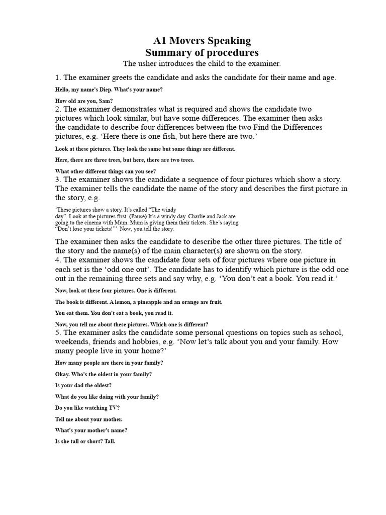A1 Movers Speaking Test Overview | PDF