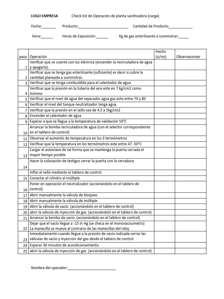 Checklist para Operación de Planta Sanitizadora | PDF | Agua | Gases