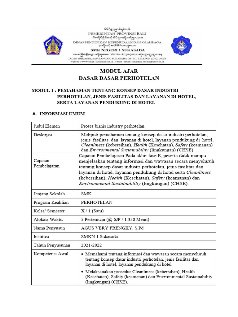 Modul ajar dasar dasar perhotelan modul 1 pemahaman tentang konsep