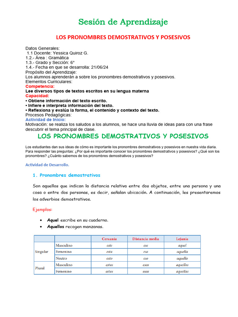 Los Pronombres Demostrativos y Posesivos | PDF | Artes del Lenguaje y ...