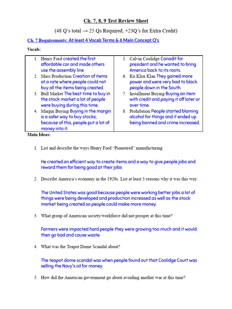US - Ch.7 - 8 - 9 Review Sheet | PDF | New Deal | Franklin D. Roosevelt