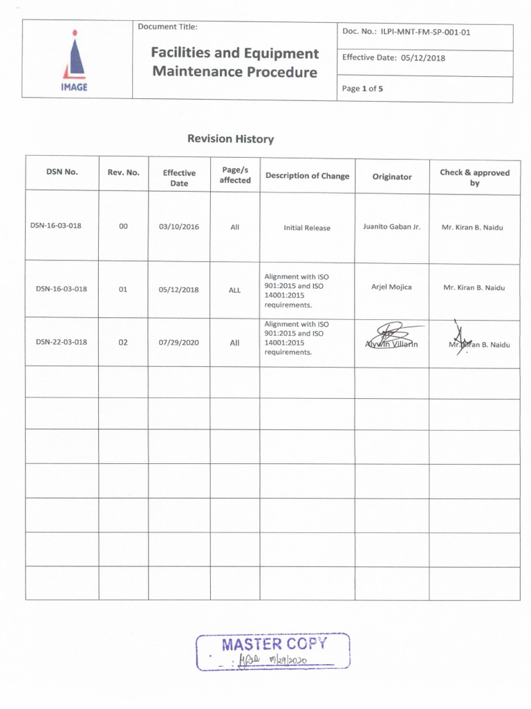 ILPI-MNT-FM-SP-001-01_Facilities and Equipment Maintenance Procedure | PDF