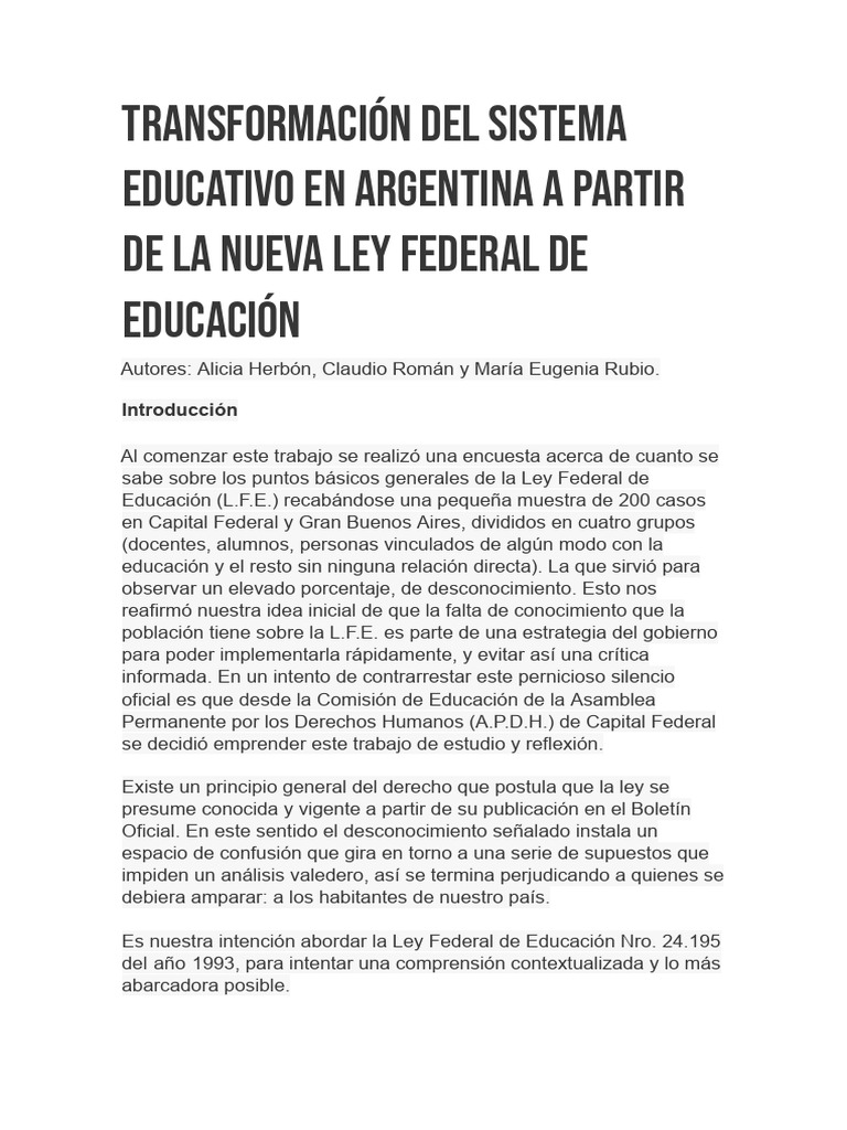 Ley Federal de Educación 1993 en Argentina | PDF | Derechos humanos ...