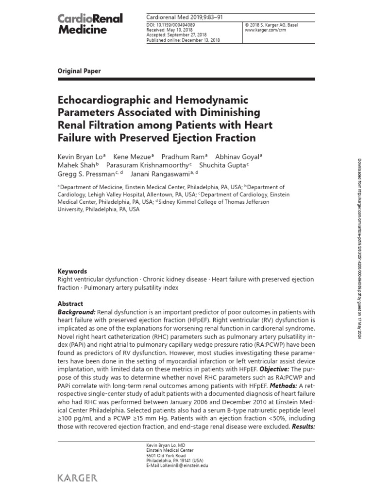 Echocardiographic and HemodynamicParameters Associated With DiminishingRenal Filtration Among