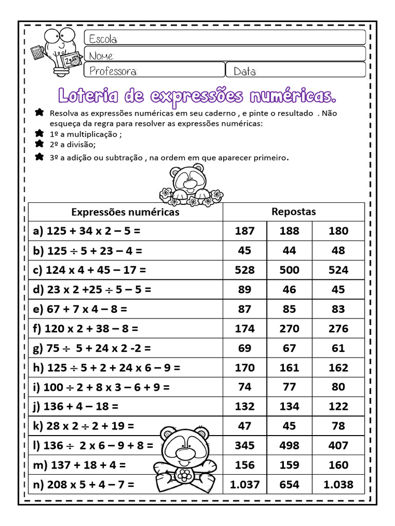 Atividades de Expressões Numéricas 4º Ano | PDF