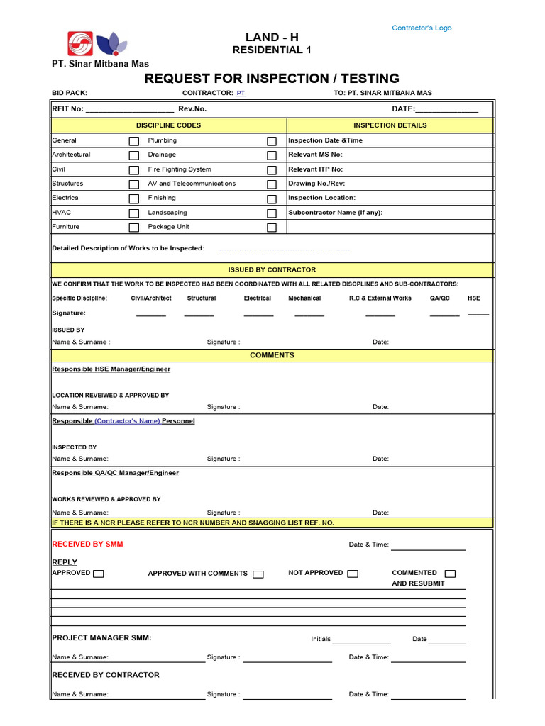 F8 - Request For Insp-Testing | PDF | Engineering