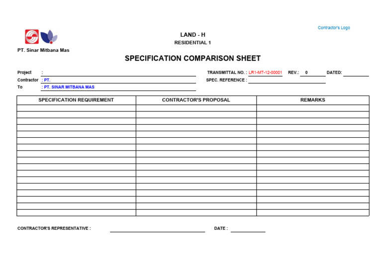 Specification Comparison Sheet for PT. Sinar Mitbana Mas | PDF