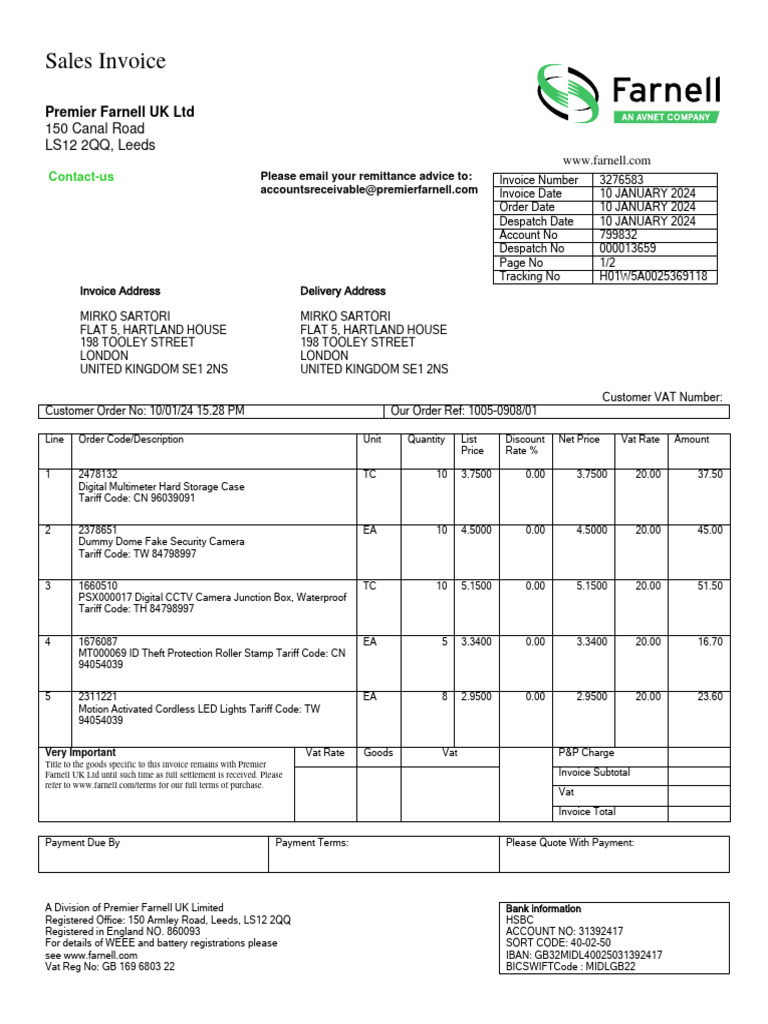 Premier Farnell Sales Invoice 3276583 | PDF | Invoice | Value Added Tax
