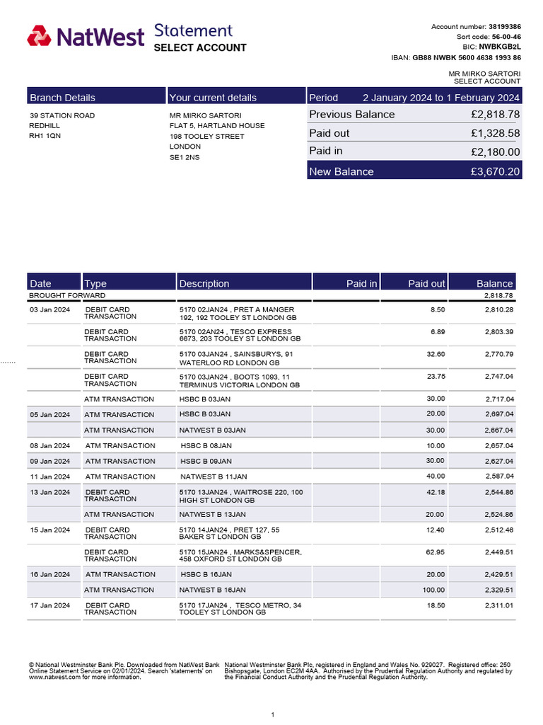 Statement 498005770 | PDF | Debit Card | Personal Finance