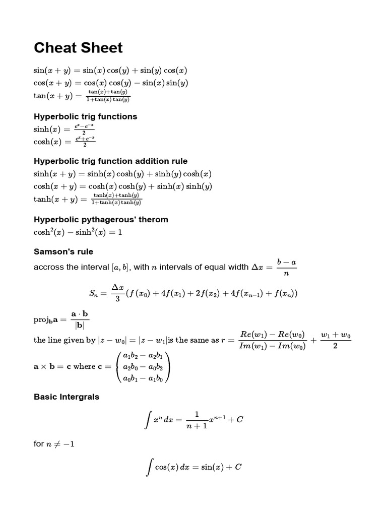 Hyperbolic Functions and Integrals Cheat Sheet | PDF | Differential ...