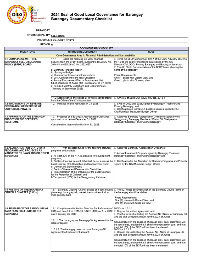 SGLGB Checklist for Barangays 2024 | PDF | Banks | Hazards