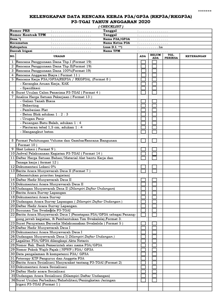 RKP3A: Checklist Lengkap P3-TGAI 2020 | PDF