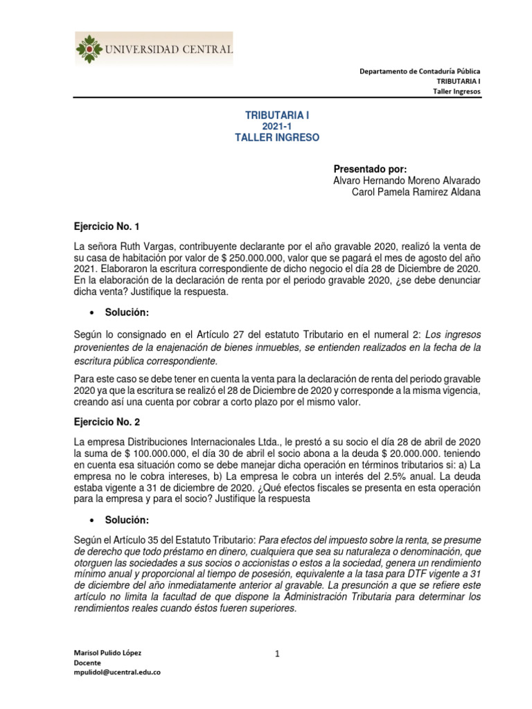 Taller Ingresos 2021-1 Moreno, Ramirez | PDF | Impuestos | Dividendo