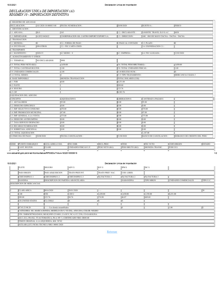 Declaración Unica De Importación 2020 8 Pdf