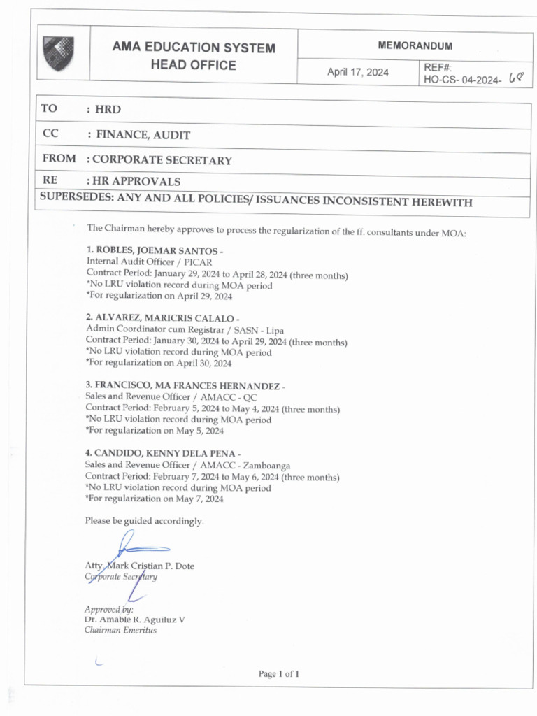 Memo HR MRF Robles, Joemar Santos Etal | PDF