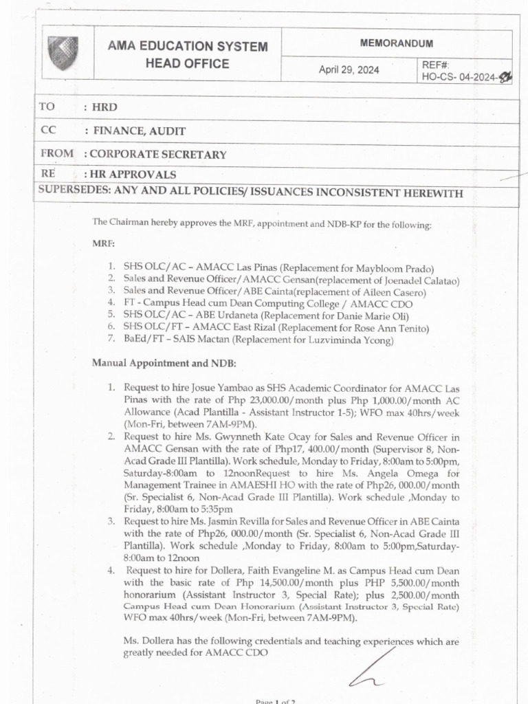 Memo HR MRF Maybloom Prado Etal. | PDF