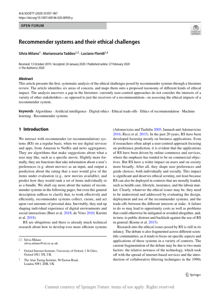 Recommender Systems and Their Ethical Challenges | PDF | Privacy | Risk