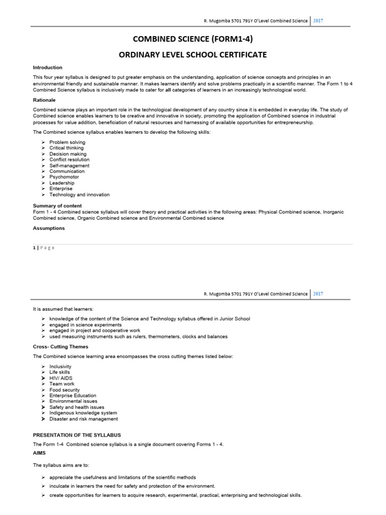 Combned Science Scheme Form 1-4 | PDF | Science | Laboratories