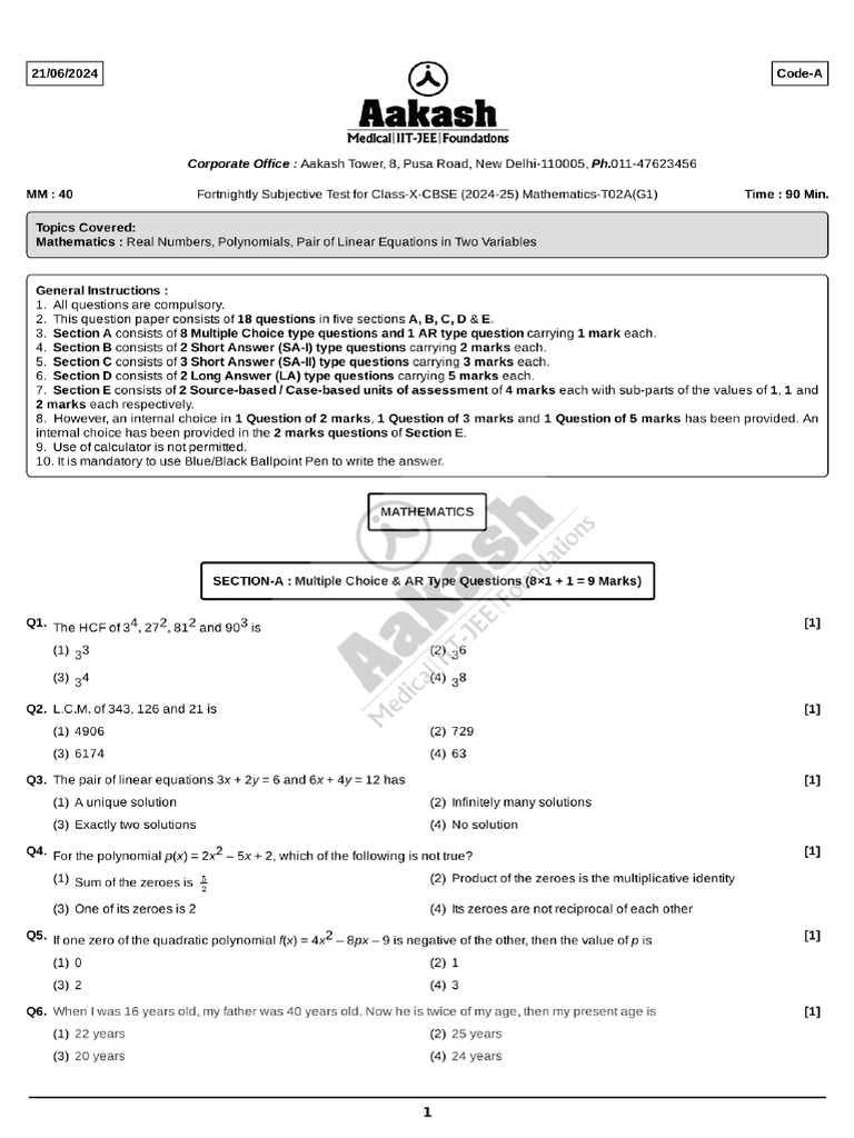 Fst 2a Cbse G 1 Maths C 10 21 06 2024 2 Download Free Pdf