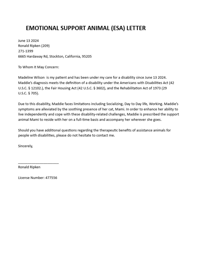 ESA Letter for Madeline Wilson | PDF | Social Science | Self-Improvement