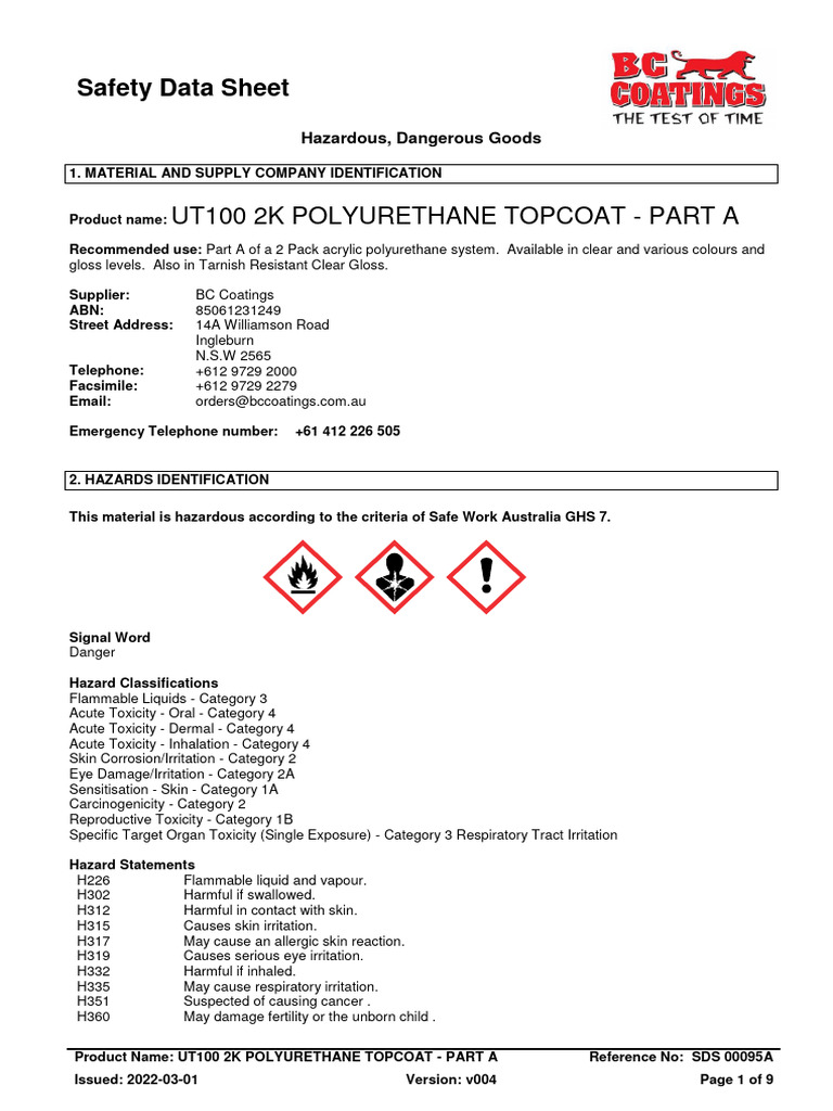 UT100 2K Polyurethane Topcoat SDS | PDF | Dangerous Goods | Toxicity