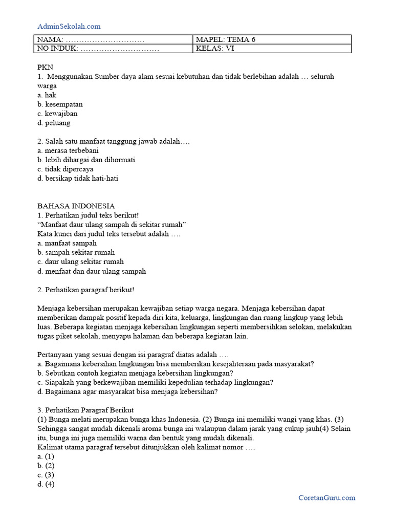 Soal Tema 6 Kelas 6 Dan Kunci Jawaban PDF