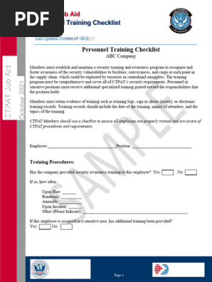CTPAT Job Aid - Personnel Training Checklist Sample - October 2021 (508)