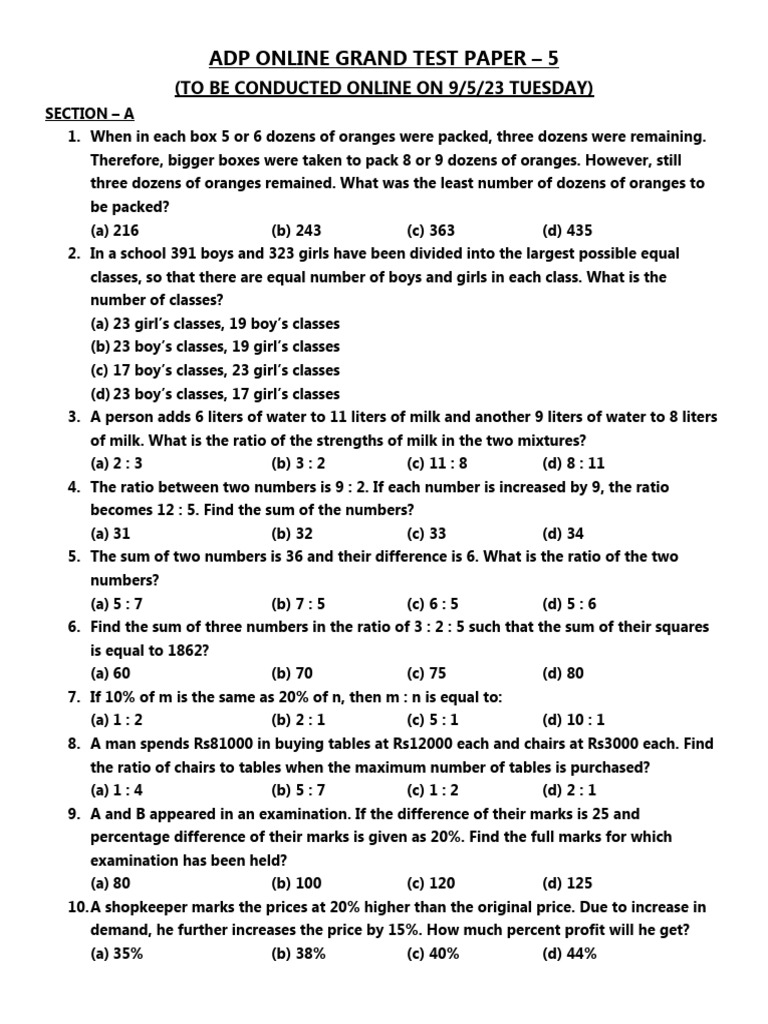 ADP Online Grand Test Paper 5 | PDF | Percentage | Ratio