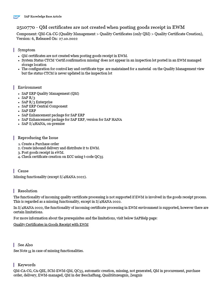Qm certificates are not created when posting goods receipt in ewm pdf